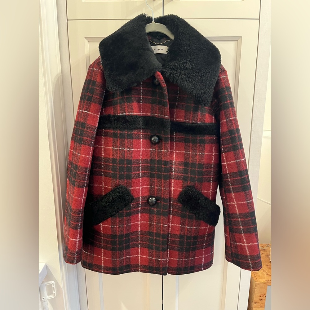 Size 4 Like New Coach Wool Blend and Shearling Plaid Coat